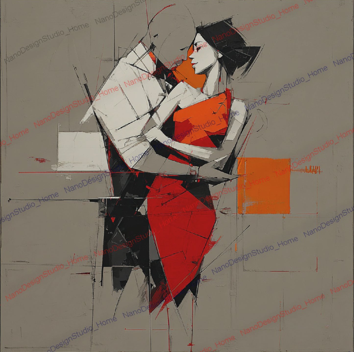 Poster Danseurs Abstraits Rouge & Gris – Art Mural Collage Contemporain