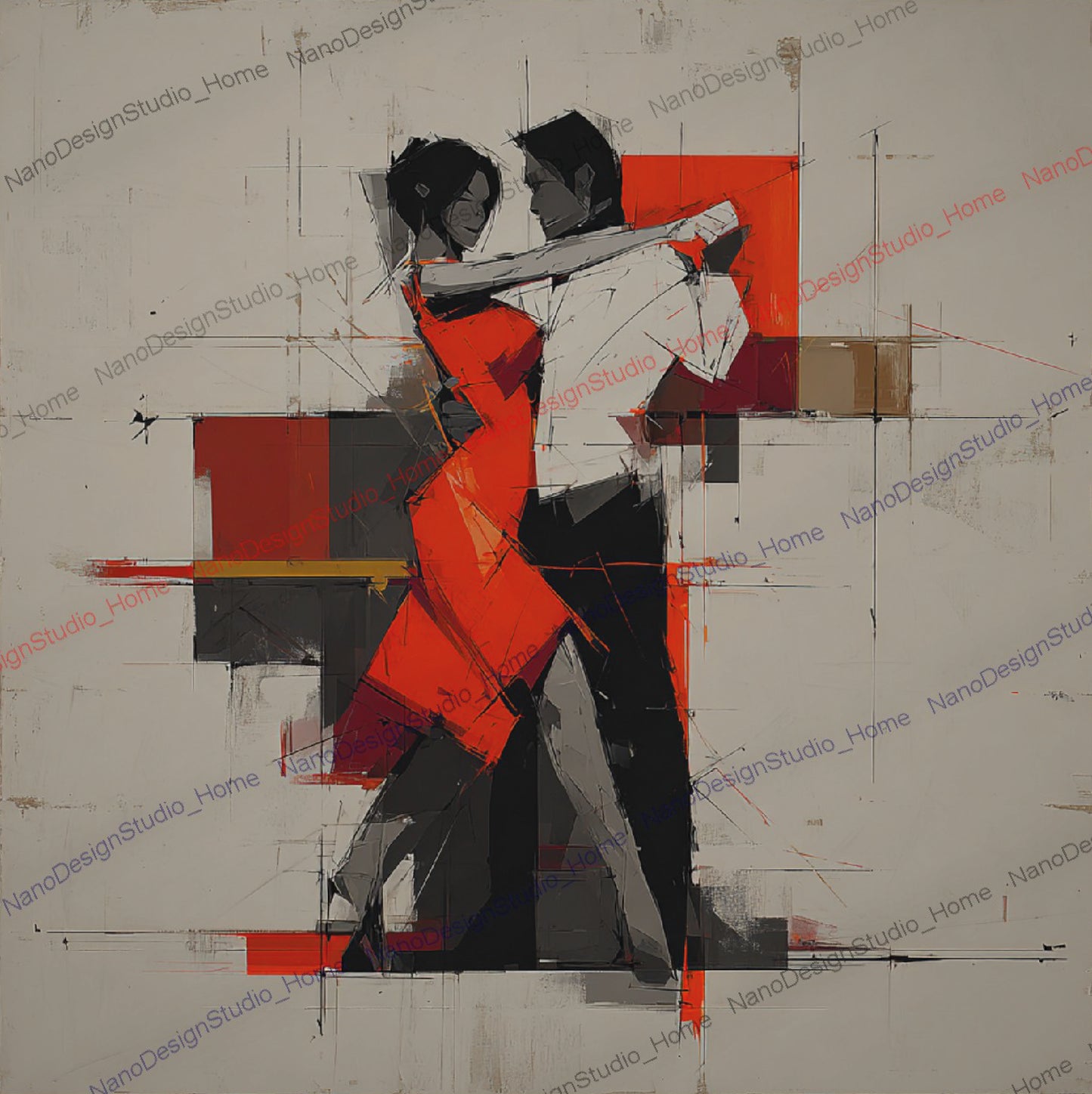 Poster Danseurs Abstraits Rouge & Gris – Art Mural Collage Contemporain
