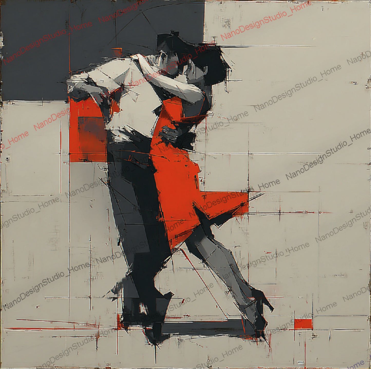Poster Danseurs Abstraits Rouge & Gris – Art Mural Collage Contemporain
