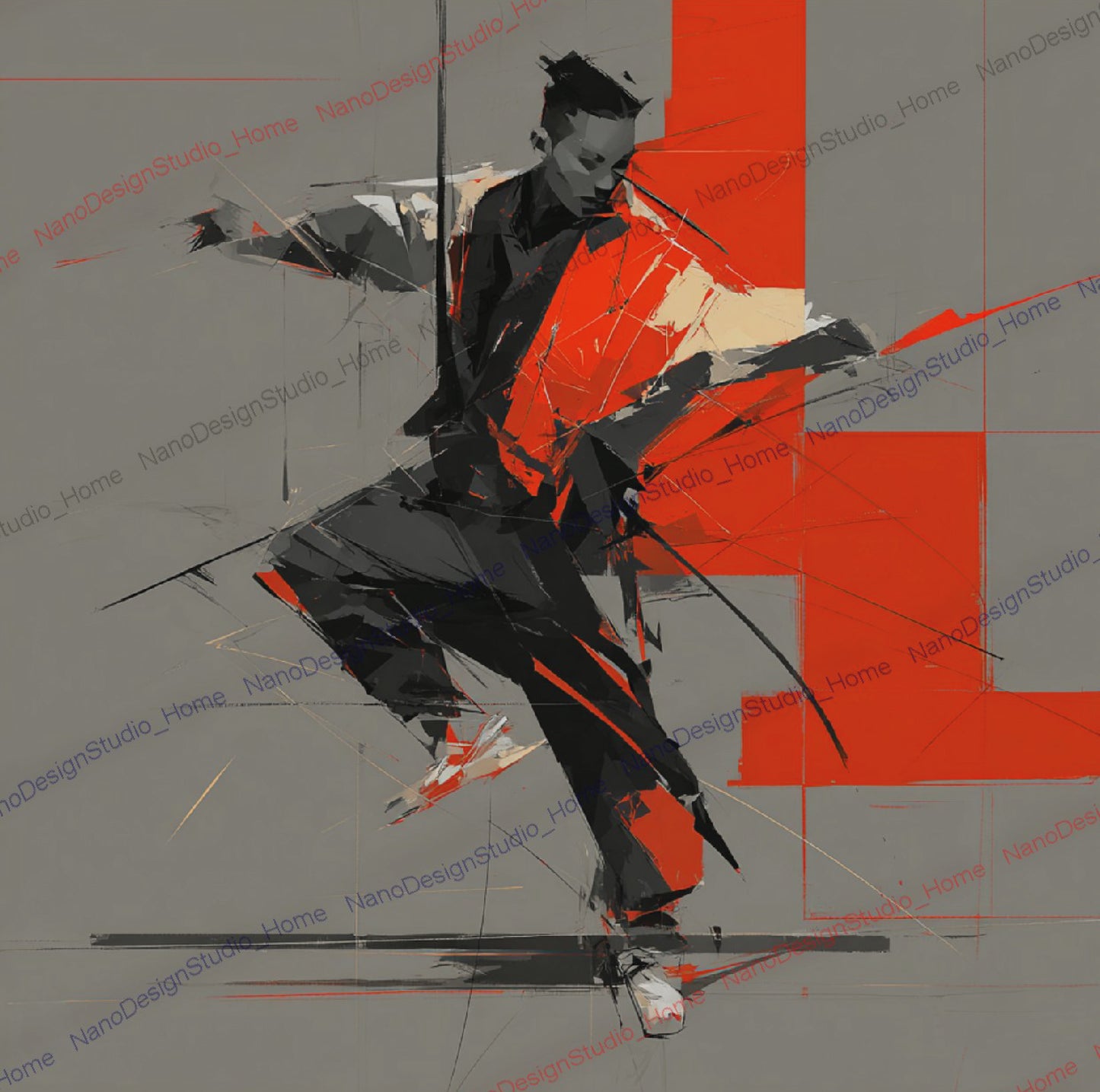 Poster Danseurs Abstraits Rouge & Gris – Art Mural Collage Contemporain