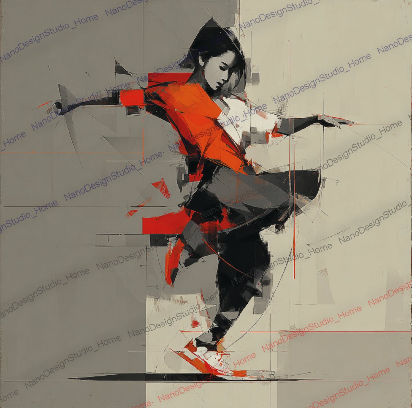 Poster Danseurs Abstraits Rouge & Gris – Art Mural Collage Contemporain
