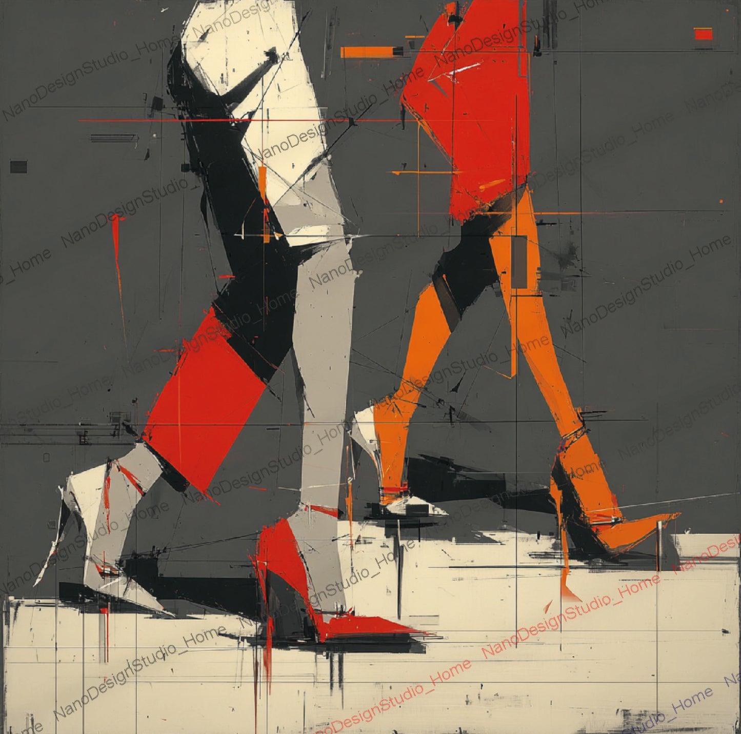Poster Danseurs Abstraits Rouge & Gris – Art Mural Collage Contemporain