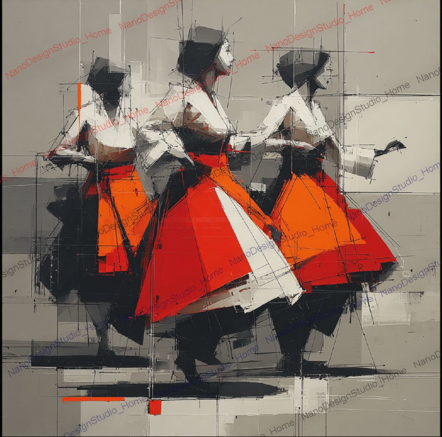 Poster Danseurs Abstraits Rouge & Gris – Art Mural Collage Contemporain