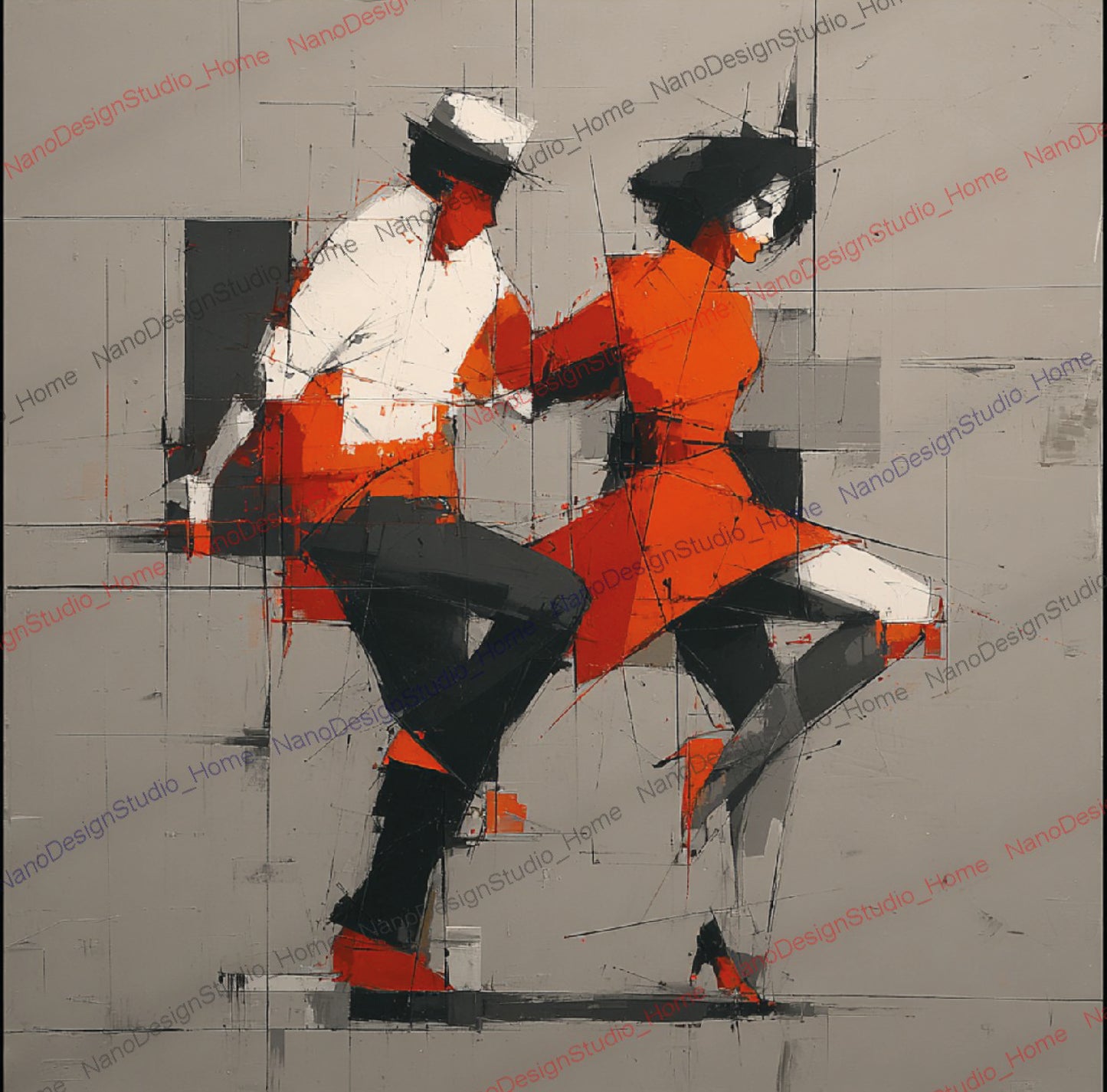Poster Danseurs Abstraits Rouge & Gris – Art Mural Collage Contemporain