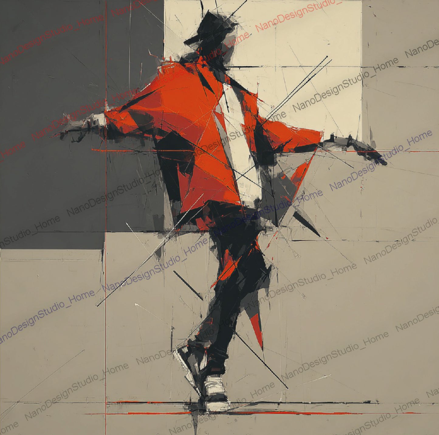 Poster Danseurs Abstraits Rouge & Gris – Art Mural Collage Contemporain