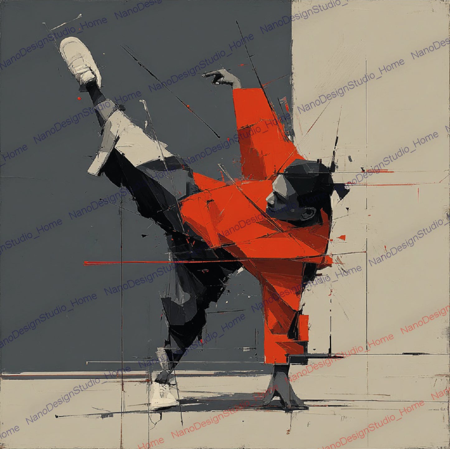 Poster Danseurs Abstraits Rouge & Gris – Art Mural Collage Contemporain