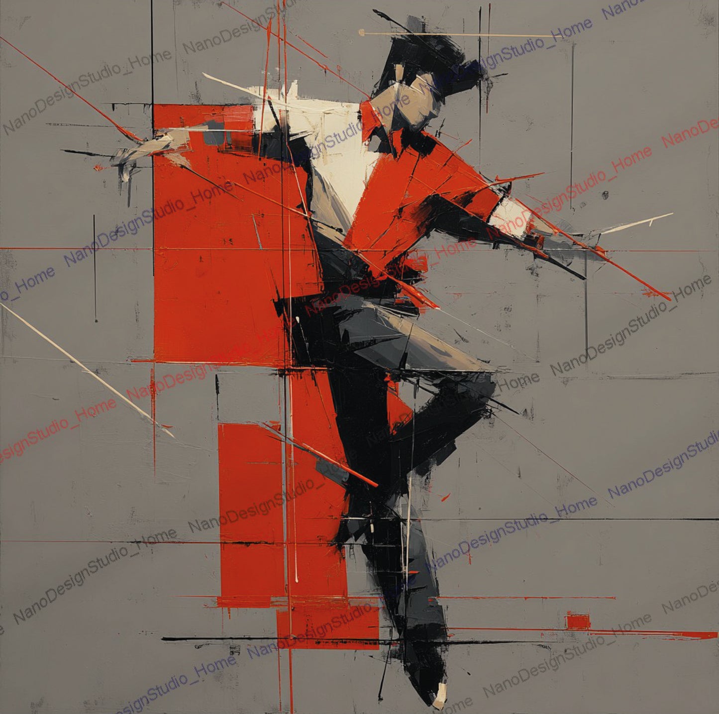 Poster Danseurs Abstraits Rouge & Gris – Art Mural Collage Contemporain