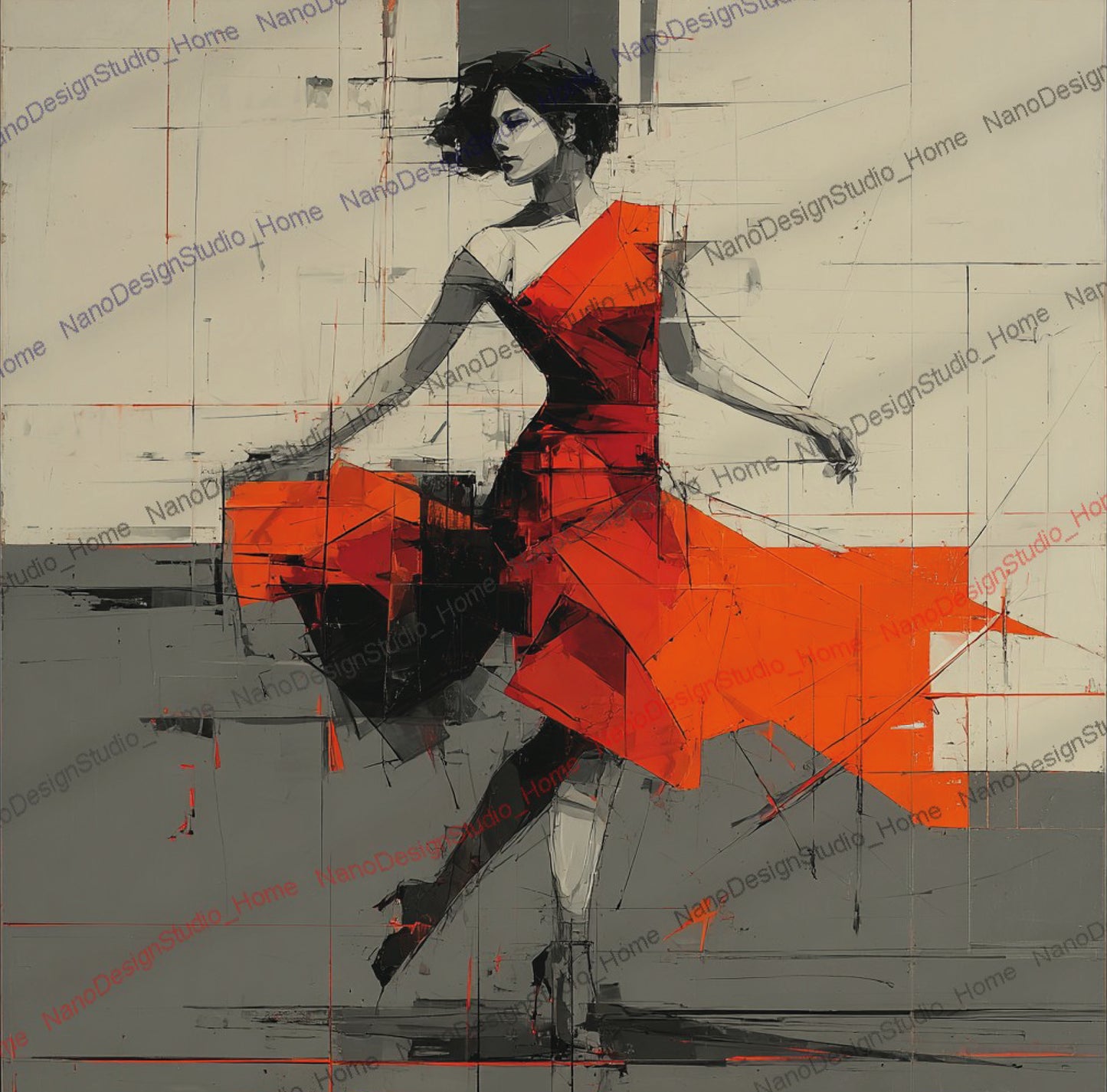 Poster Danseurs Abstraits Rouge & Gris – Art Mural Collage Contemporain