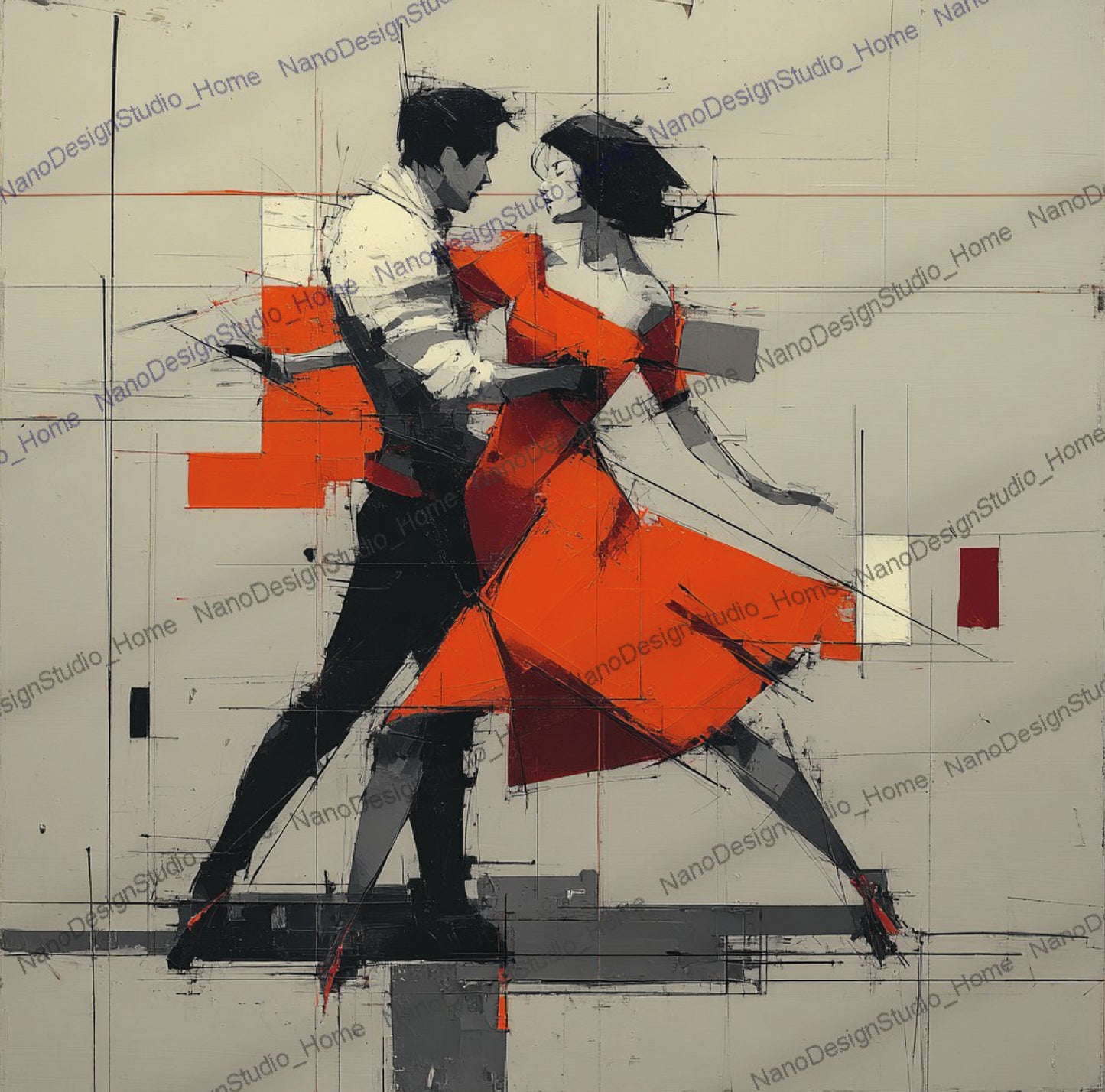 Poster Danseurs Abstraits Rouge & Gris – Art Mural Collage Contemporain