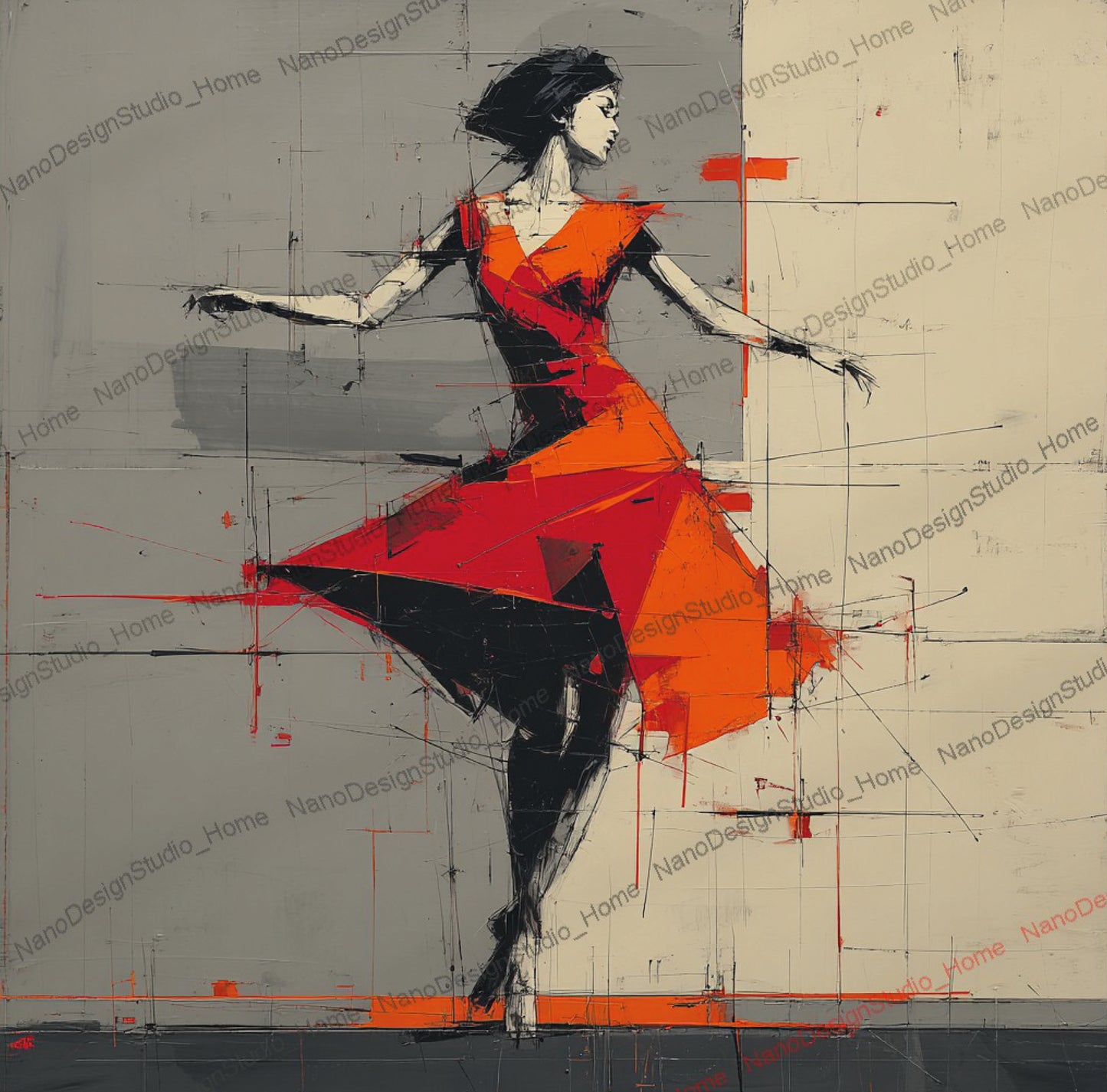 Poster Danseurs Abstraits Rouge & Gris – Art Mural Collage Contemporain