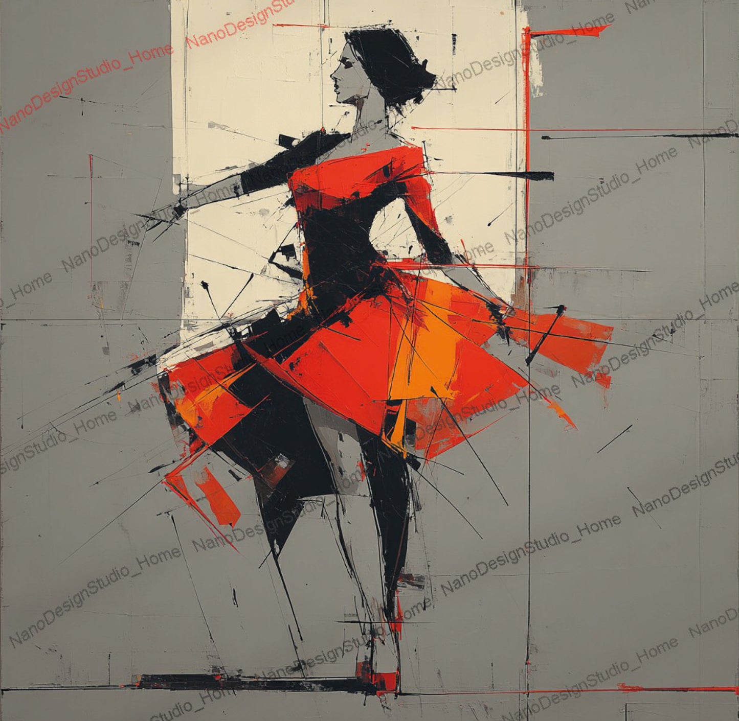 Poster Danseurs Abstraits Rouge & Gris – Art Mural Collage Contemporain