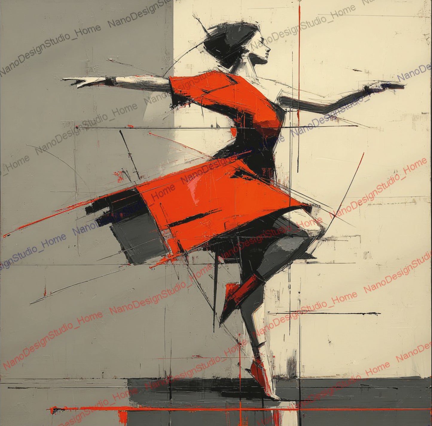 Poster Danseurs Abstraits Rouge & Gris – Art Mural Collage Contemporain