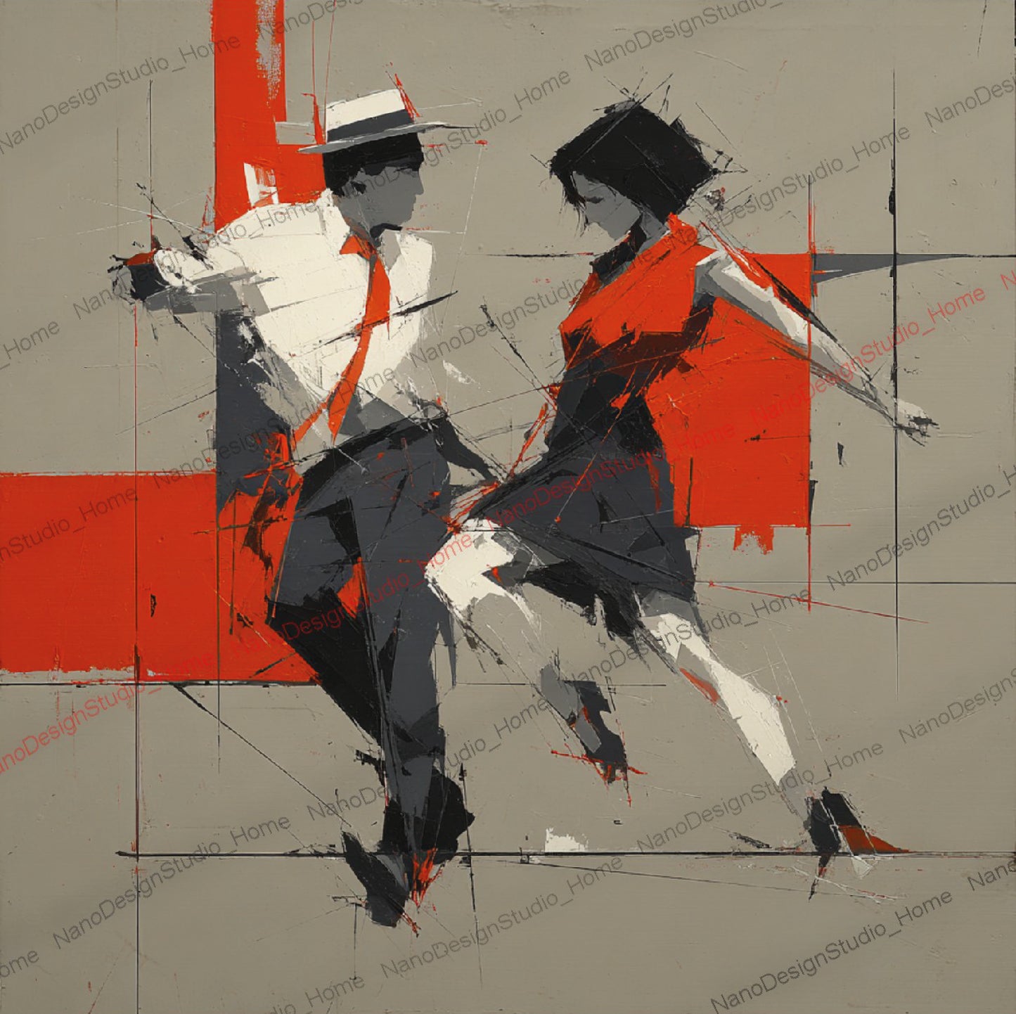 Poster Danseurs Abstraits Rouge & Gris – Art Mural Collage Contemporain
