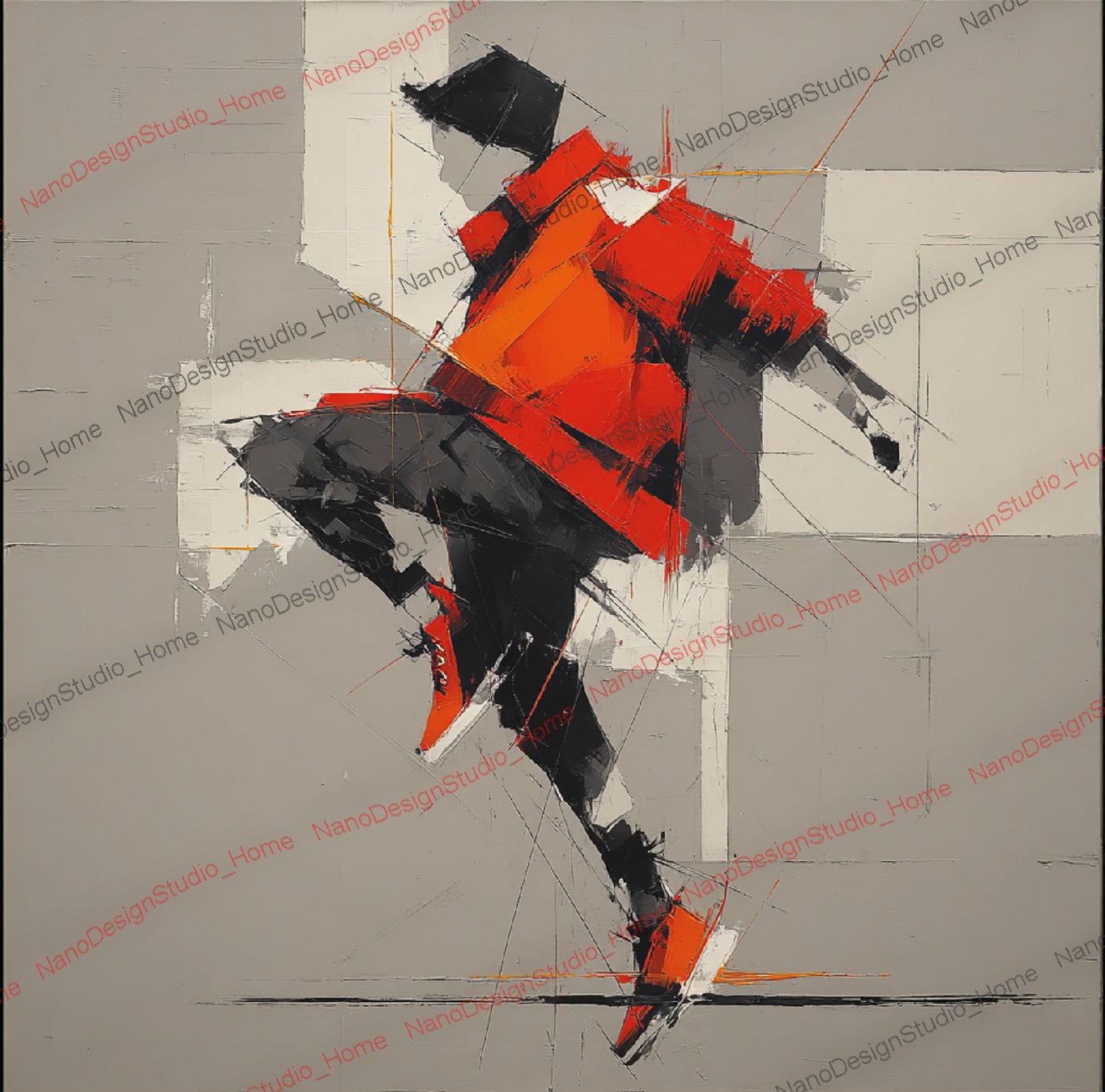 Poster Danseurs Abstraits Rouge & Gris – Art Mural Collage Contemporain