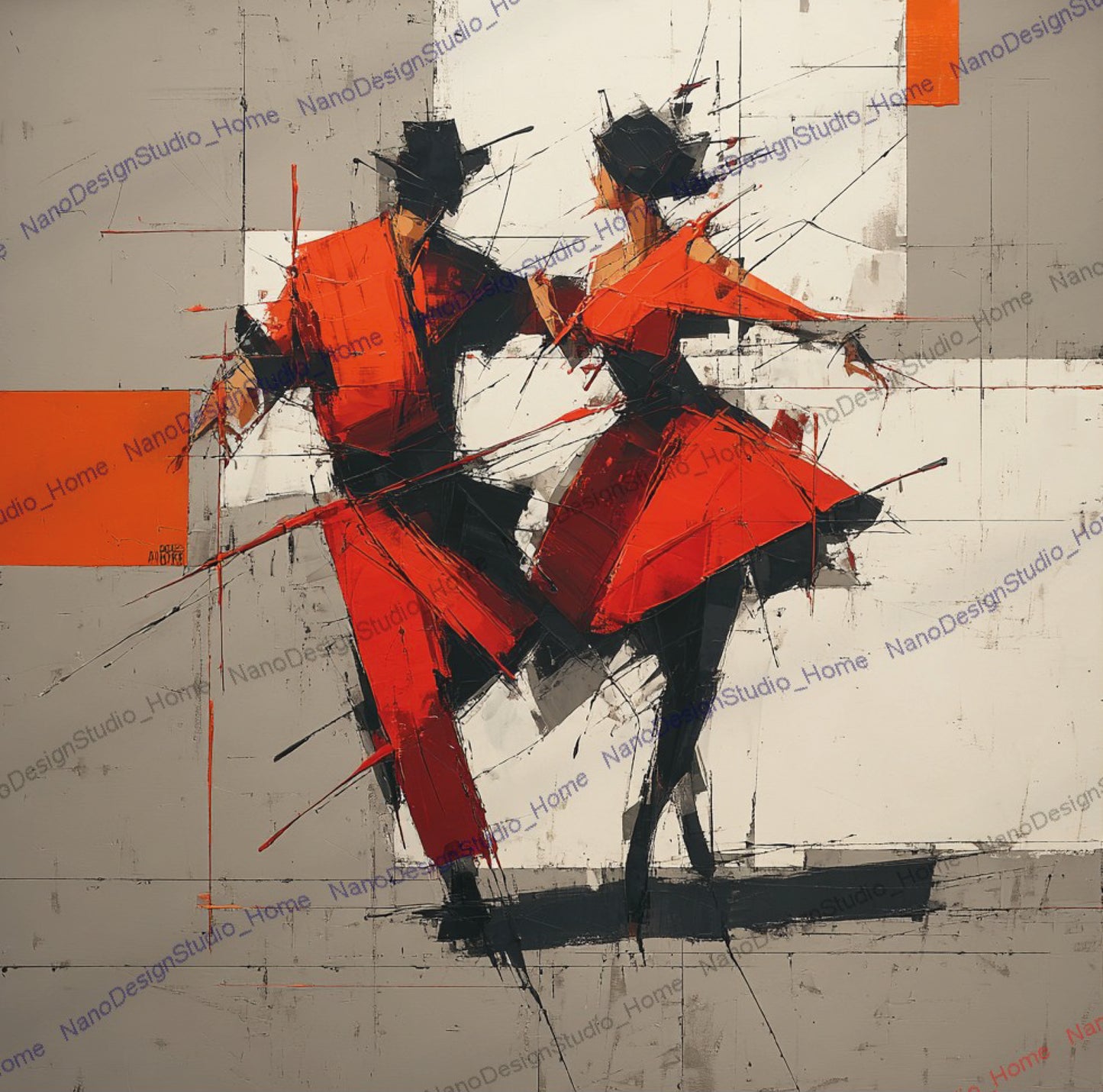 Poster Danseurs Abstraits Rouge & Gris – Art Mural Collage Contemporain