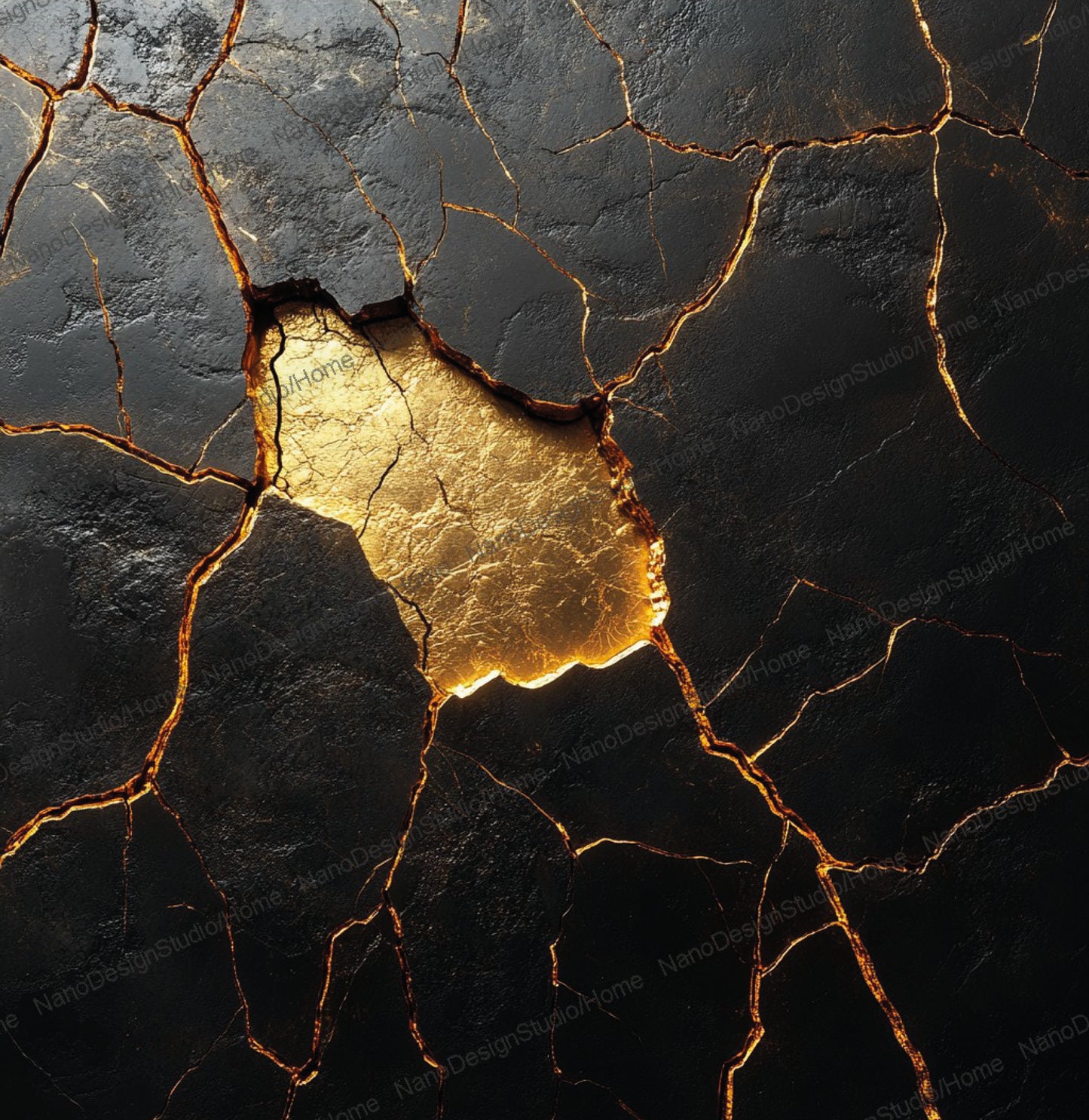 Poster Marbre Noir Fissures Dorées – Art Mural Abstrait Kintsugi