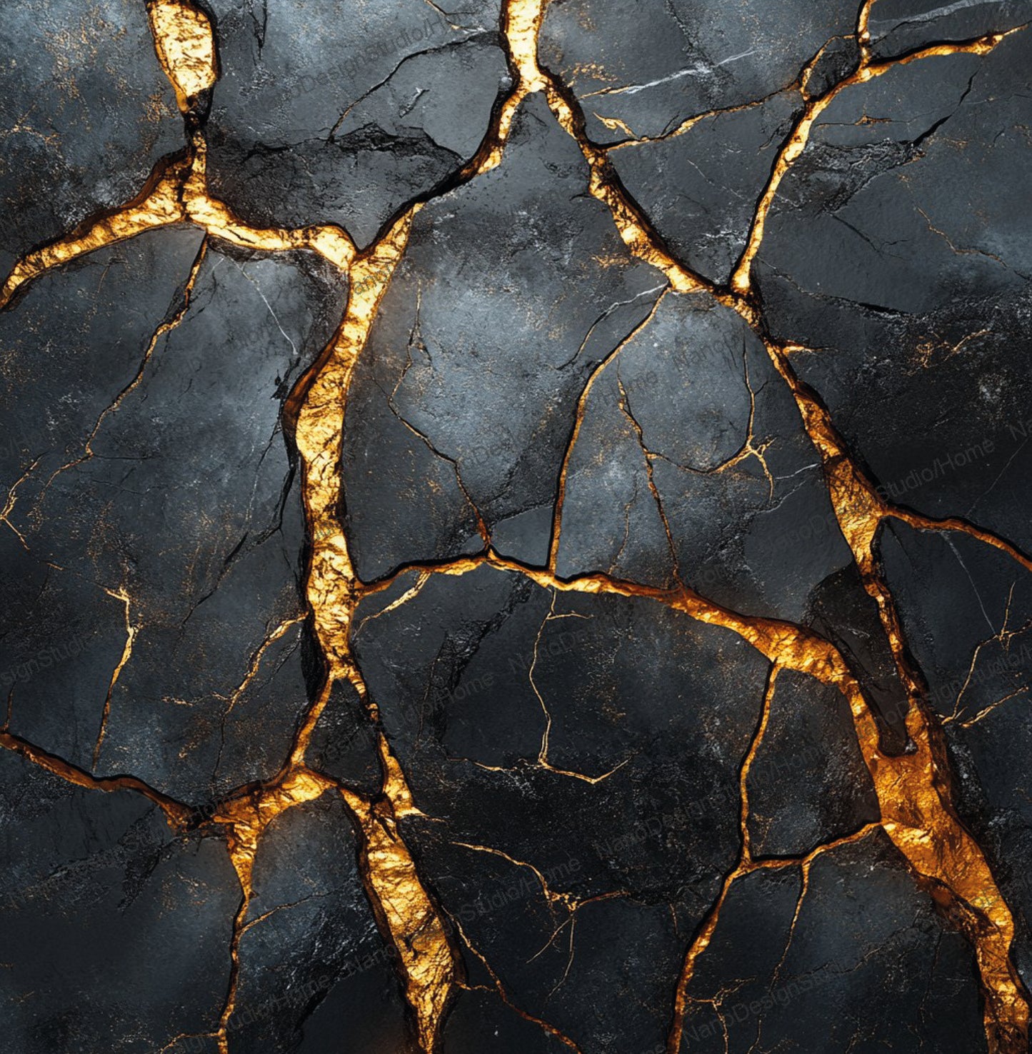 Poster Marbre Noir Fissures Dorées – Art Mural Abstrait Kintsugi